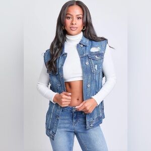 YMI Distressed Boyfriend Denim Vest – Sleeveless Jean Jacket – New w/ Tags